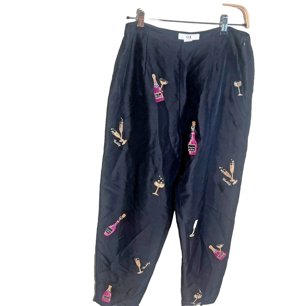 Vintage S.L.B. Black Dress Pants 10 Embroidered NYE Silk‎ Champagne Celebration